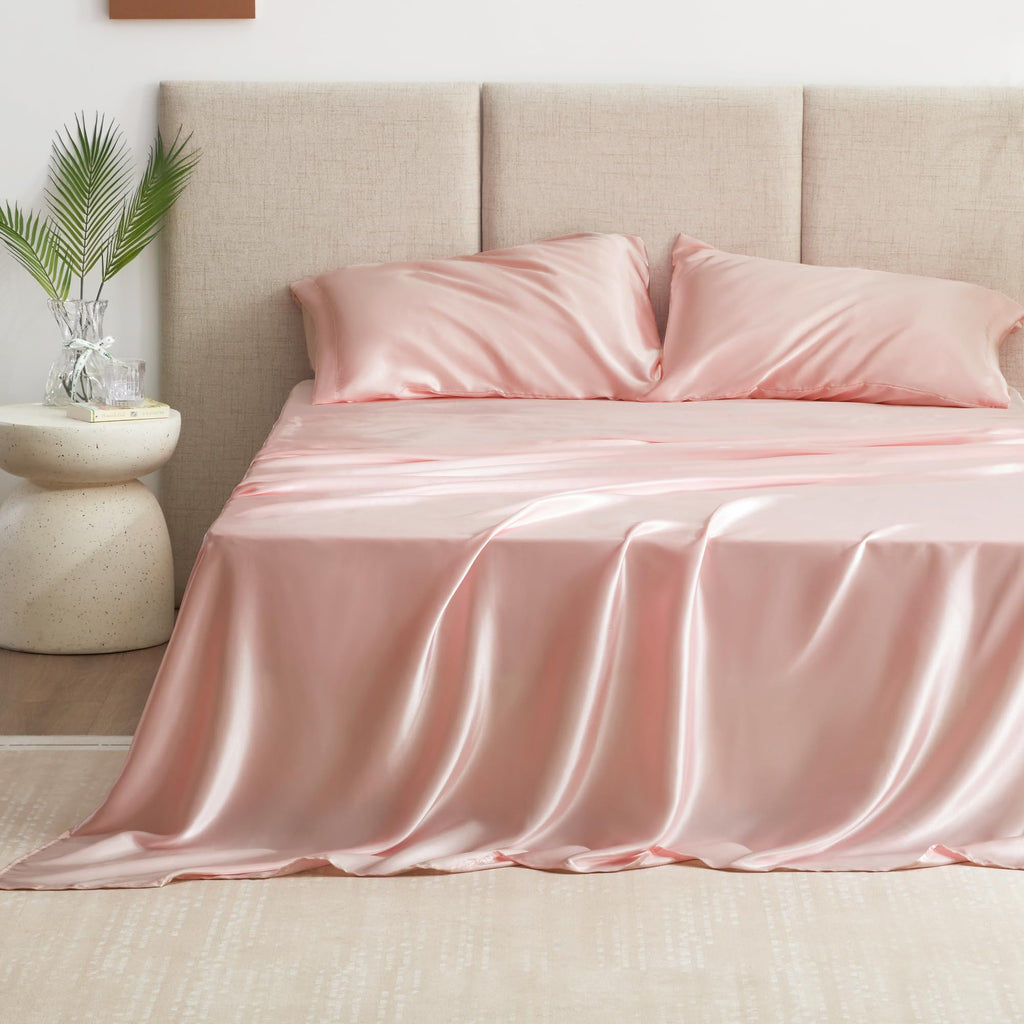 Love'S Cabin Full Size Satin Sheet Sets - 4 Piece Coral Silky Satin Sheet Set Full With Deep Pocket, Luxury Silk Feel Satin Bed Sheets Full Bedding Set (1 Flat Sheet,1 Fitted Sheet,2 Pillow Cases)