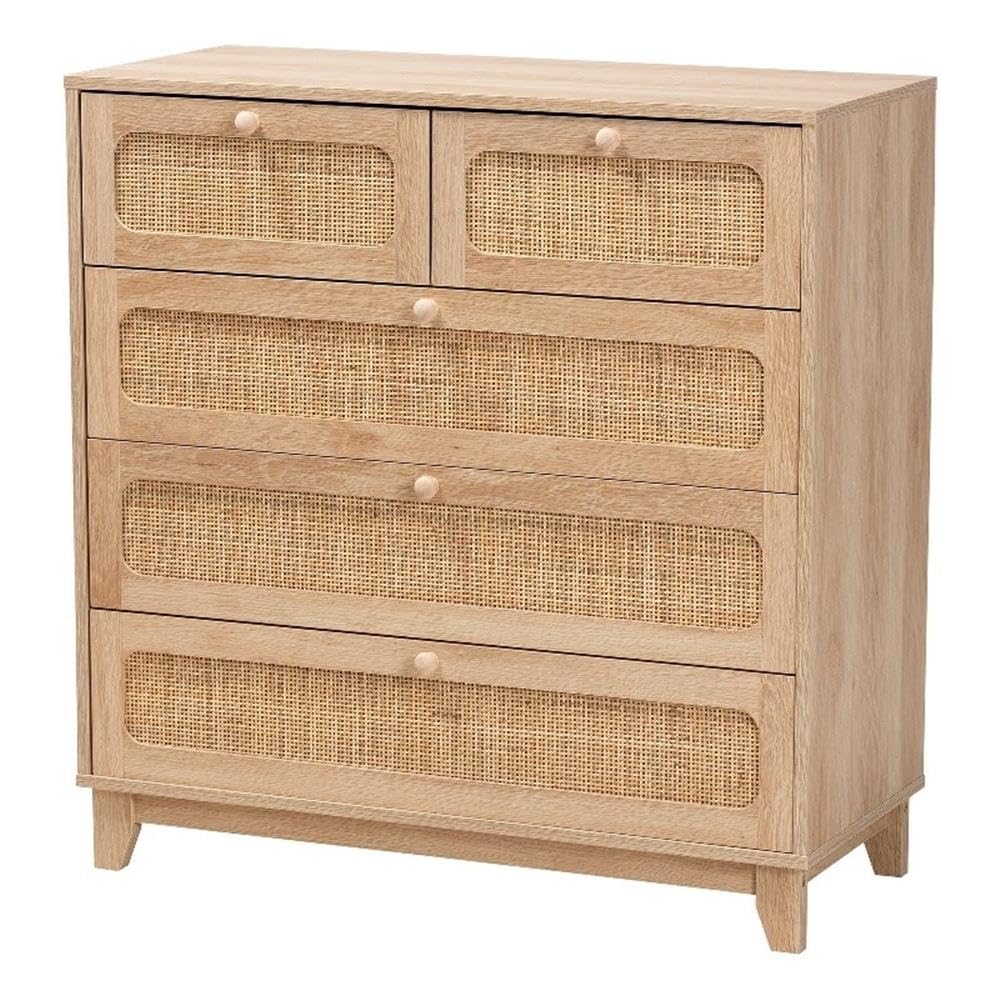 Baxton Studio Elsbeth Mid-Century Modern Oak Brown Finished Wood and Natural Rattan 5-Drawer Storage Cabinet