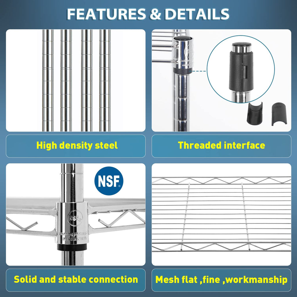 Adjustable Nsf-Certified Metal Shelf Wire Shelving Unit Storage For Small Places Restaurant Garage Pantry Kitchen Garage Rack (Chrome, 16.7L×11.8W×47.6H)