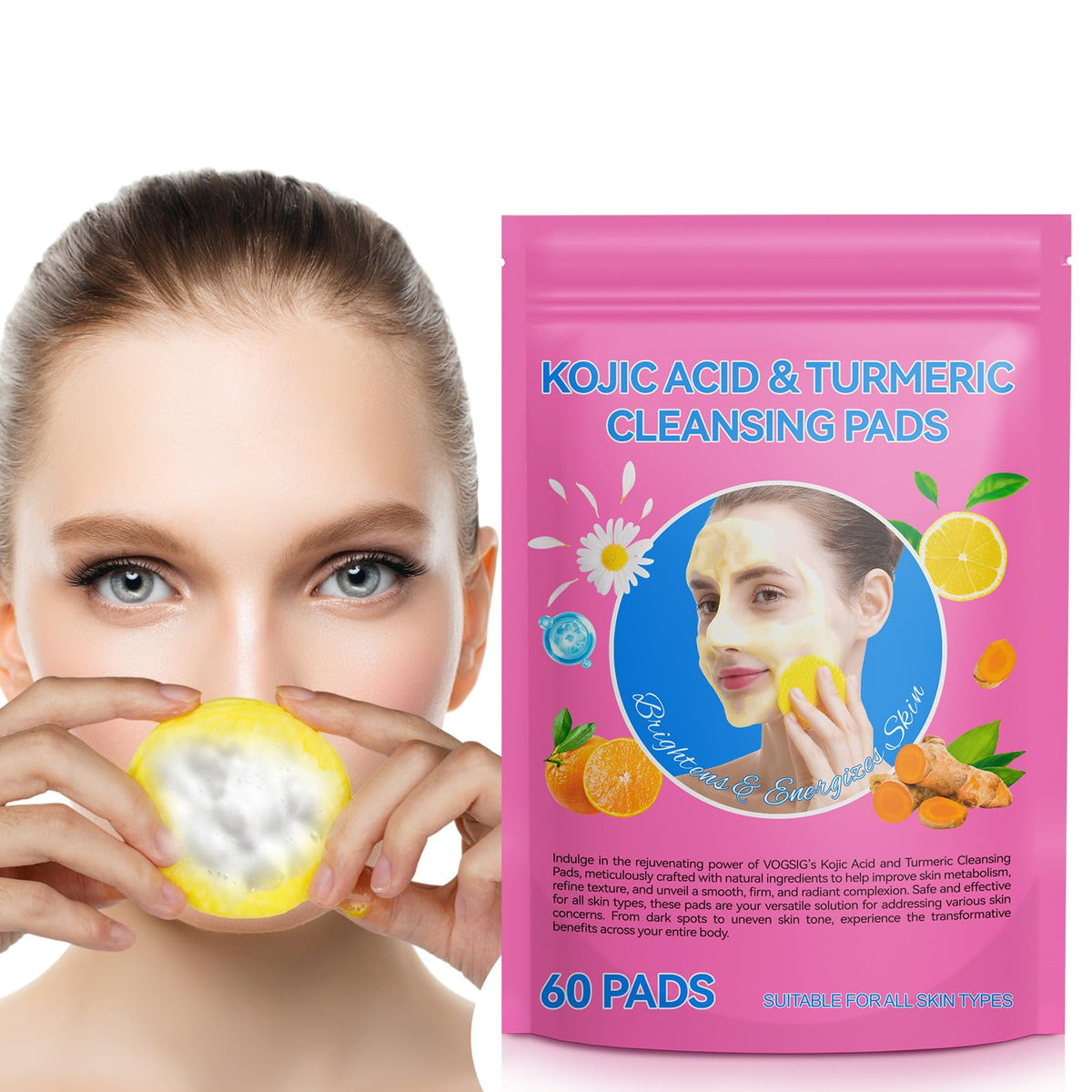 Turmeric Cleansing Pads 60pcs - for Dark Spots - Turmeric Face Pads - Turmeric Pads Infused Foaming Exfoliating Pads- Gentle & N