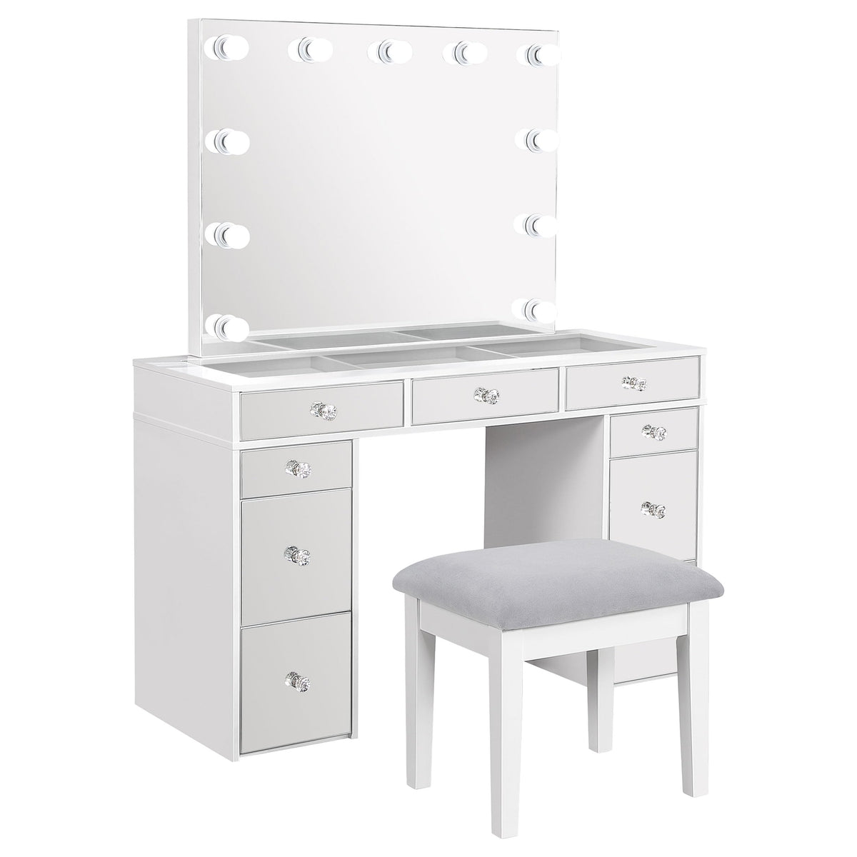 Coaster Home Furnishings Regina Contemporary 3-Piece 9-Drawer Mirrored Makeup Vanity Desk with Hollywood Vanity Mirror for Bedroom with Grey Velvet Upholstered Stool White 930245