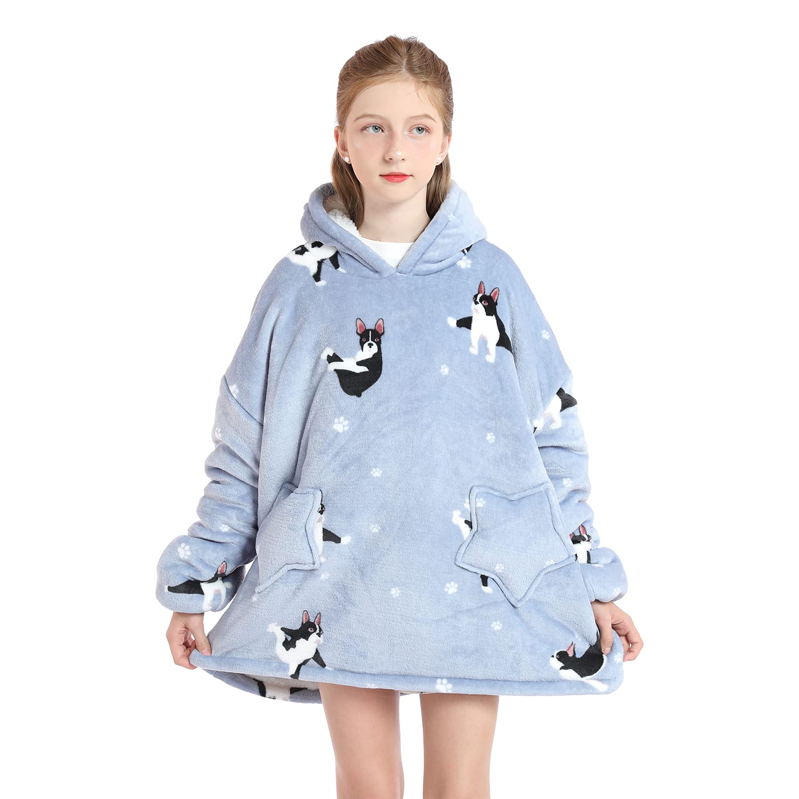 Wearable Blanket Hoodie For Kids 4-12Yr Oversized Animal Hooded Blanket Super Soft Comfortable Warm Flannel Dogs