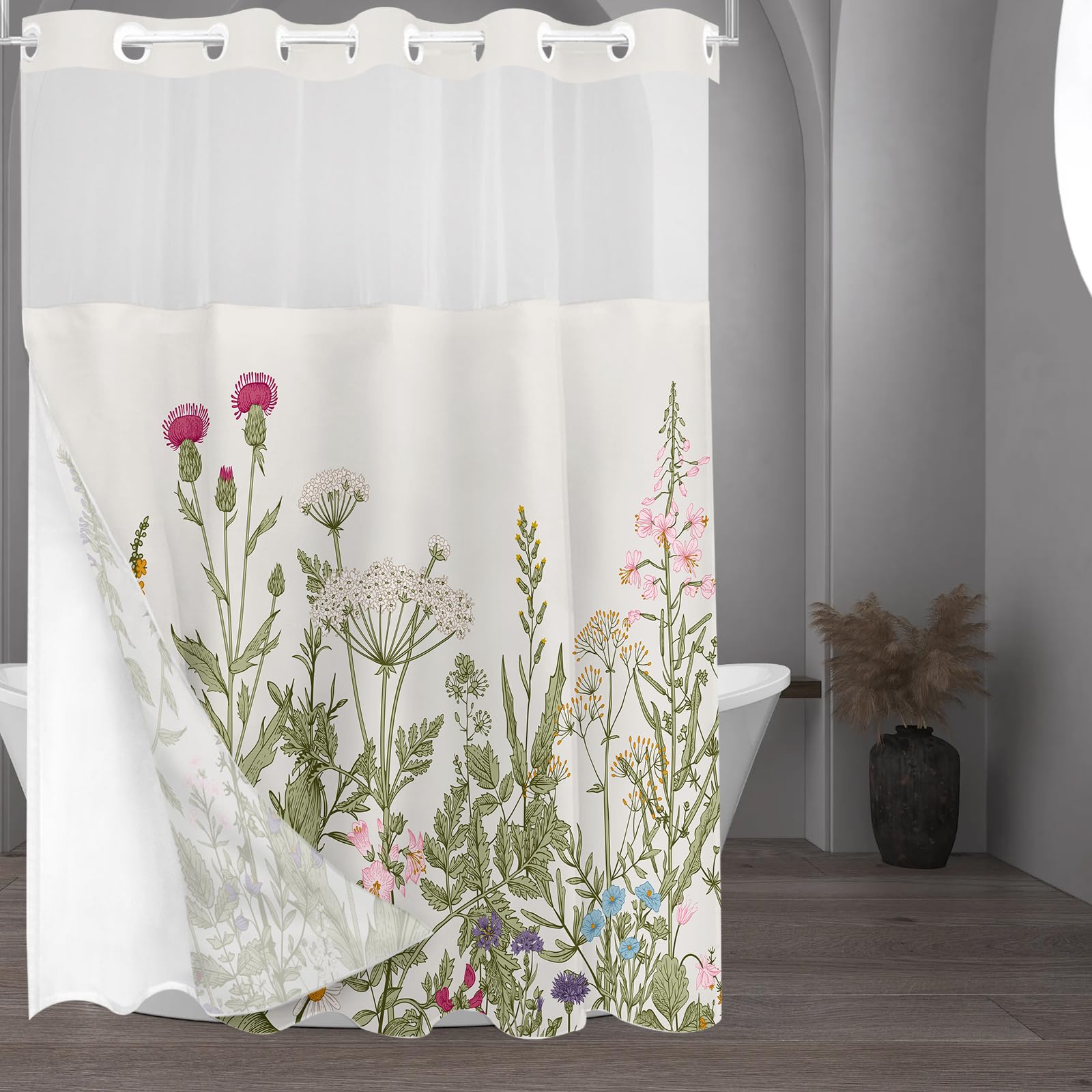 Tititex No Hooks Snap In Liner Vintage Wildflower Botanical Herbs Shower Curtain Sets, Hotel Luxury Double Layers Waterproof Fab