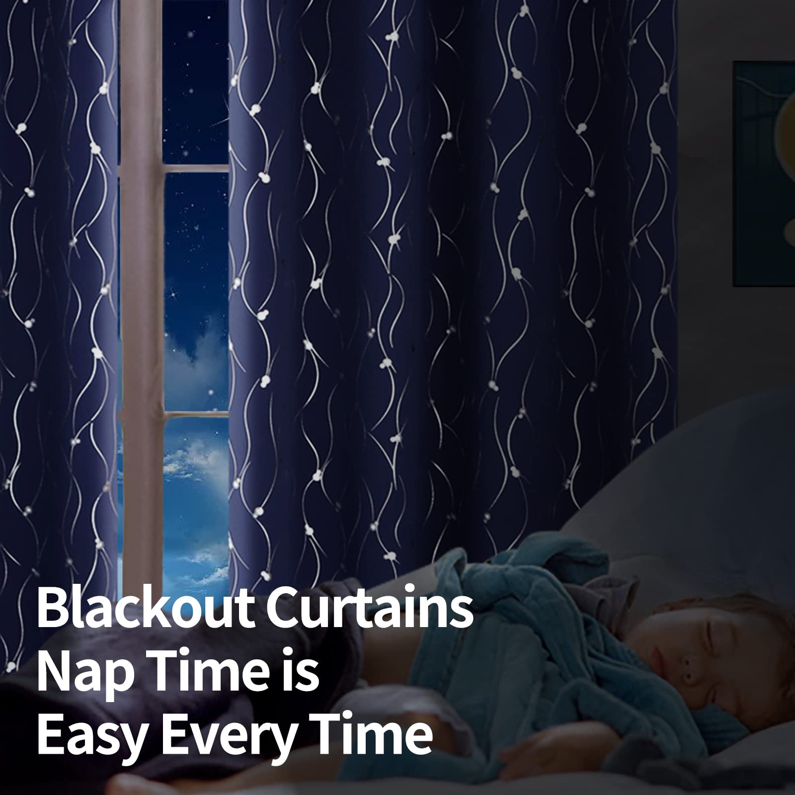 Bgment Blackout Curtains 60 Inches Wide For Bedroom/Living Room, Room Darkening Thermal Insulated Grommet Window Drapes With Line And Dots Pattern, 2 Panels, Each Panels 60 X 63 Inch, Navy Blue