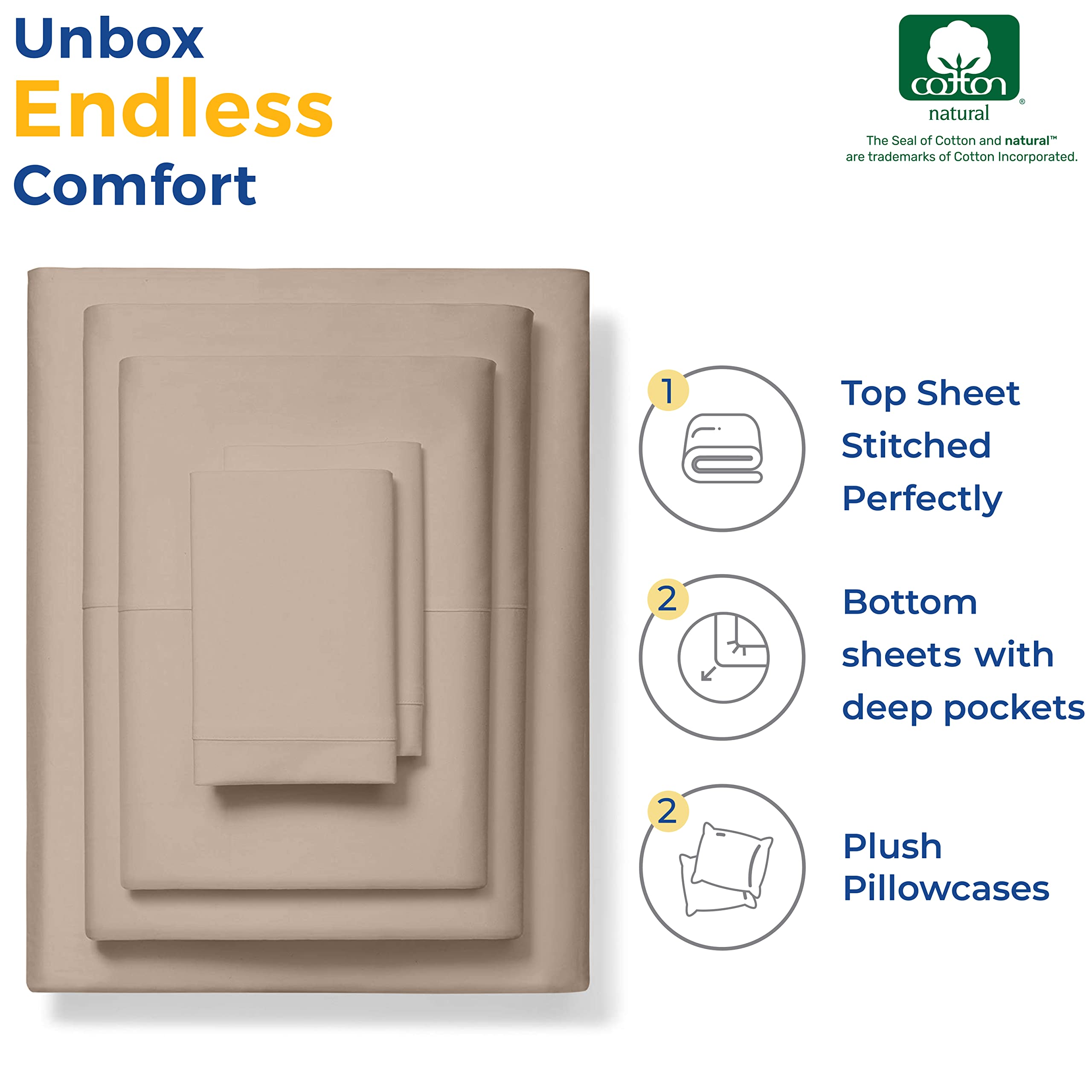 Thread Spread Luxury Sheets 600 Thread Count - Egyptian Cotton Quality Split King Size Sheet Set - Deep Pocket Fitted Bedding Sheets & Pillowcases - 4 Pc Breathable - Taupe Sheets For Boys & Girls