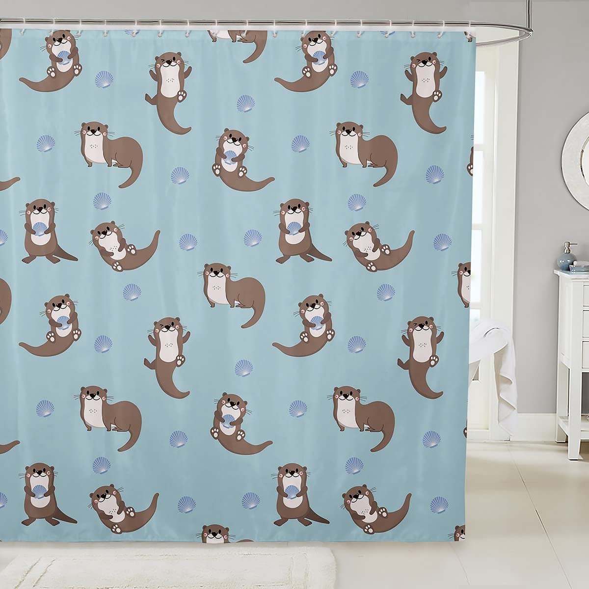 Feelyou Kids Cute Sea Otter Shower Curtain Blue Ocean Shell Bathroom Shower Curtain Sets Girls Boys Kawaii Underwater Animal Dec