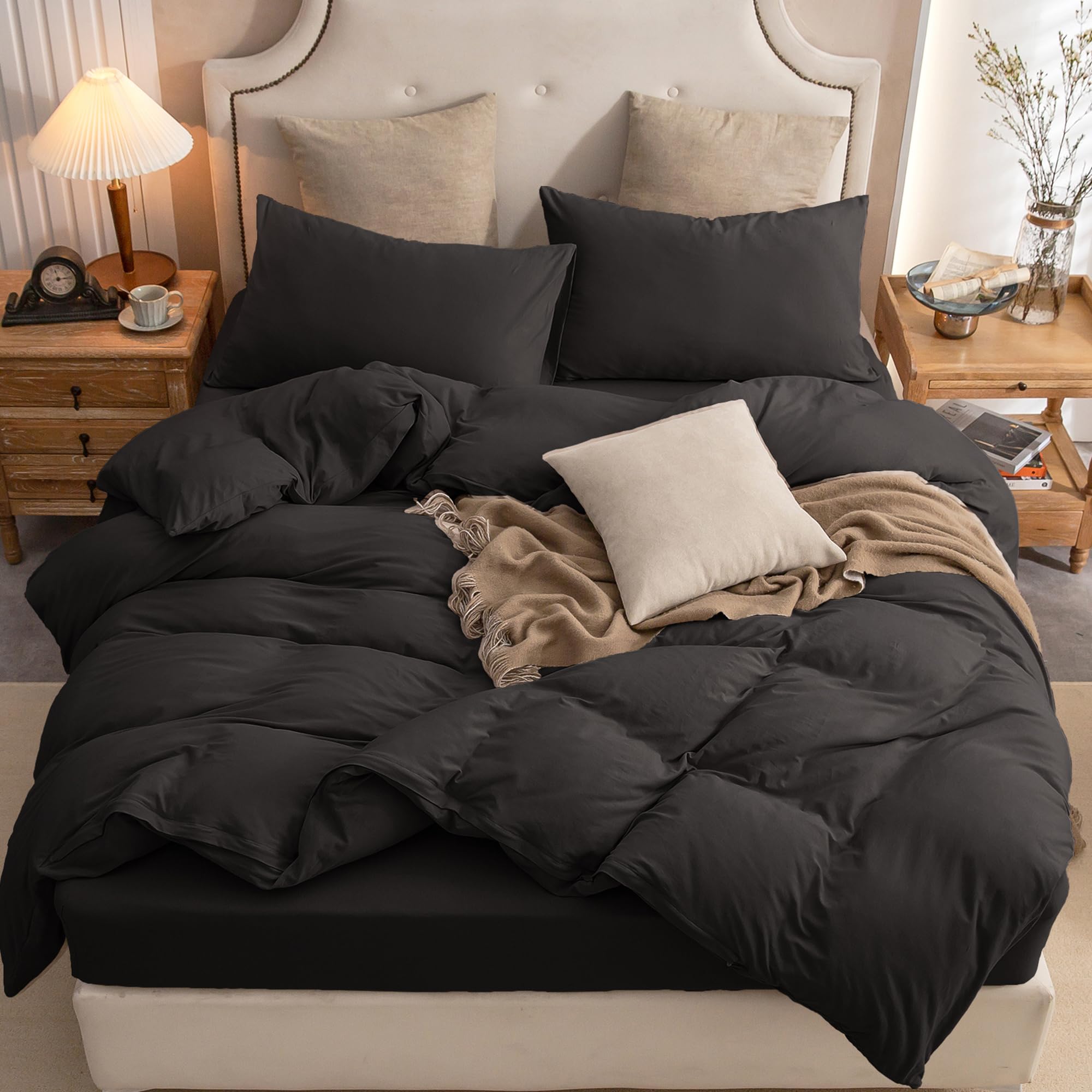Pure Era Jersey Knit Duvet Cover Set 100% T-Shirt Cotton Super Soft Comfy 3Pc Bedding Set With Zipper Closure (Solid Black, Full