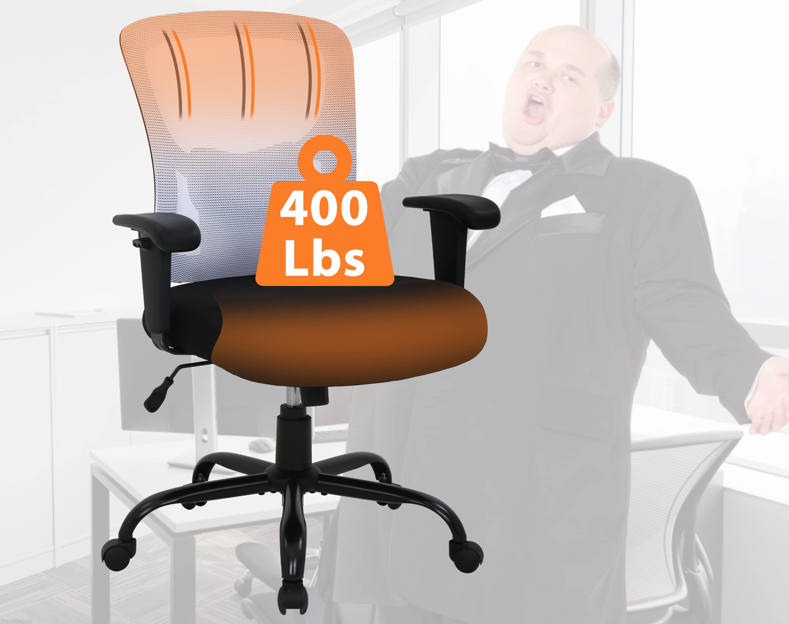 Big And Tall Ergonomic Mesh Office Chair - 400 Lbs Capacity, Wide Thick Seat, Lumbar Support & Adjustable Armrests, White