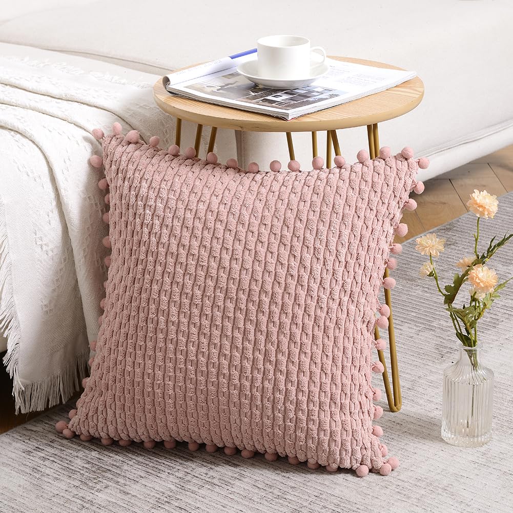 Fancy Homi 2 Packs Dusty Pink Decorative Throw Pillow Covers 18X18 Inch With Pom-Poms For Couch Bedroom Living Room, Farmhouse B