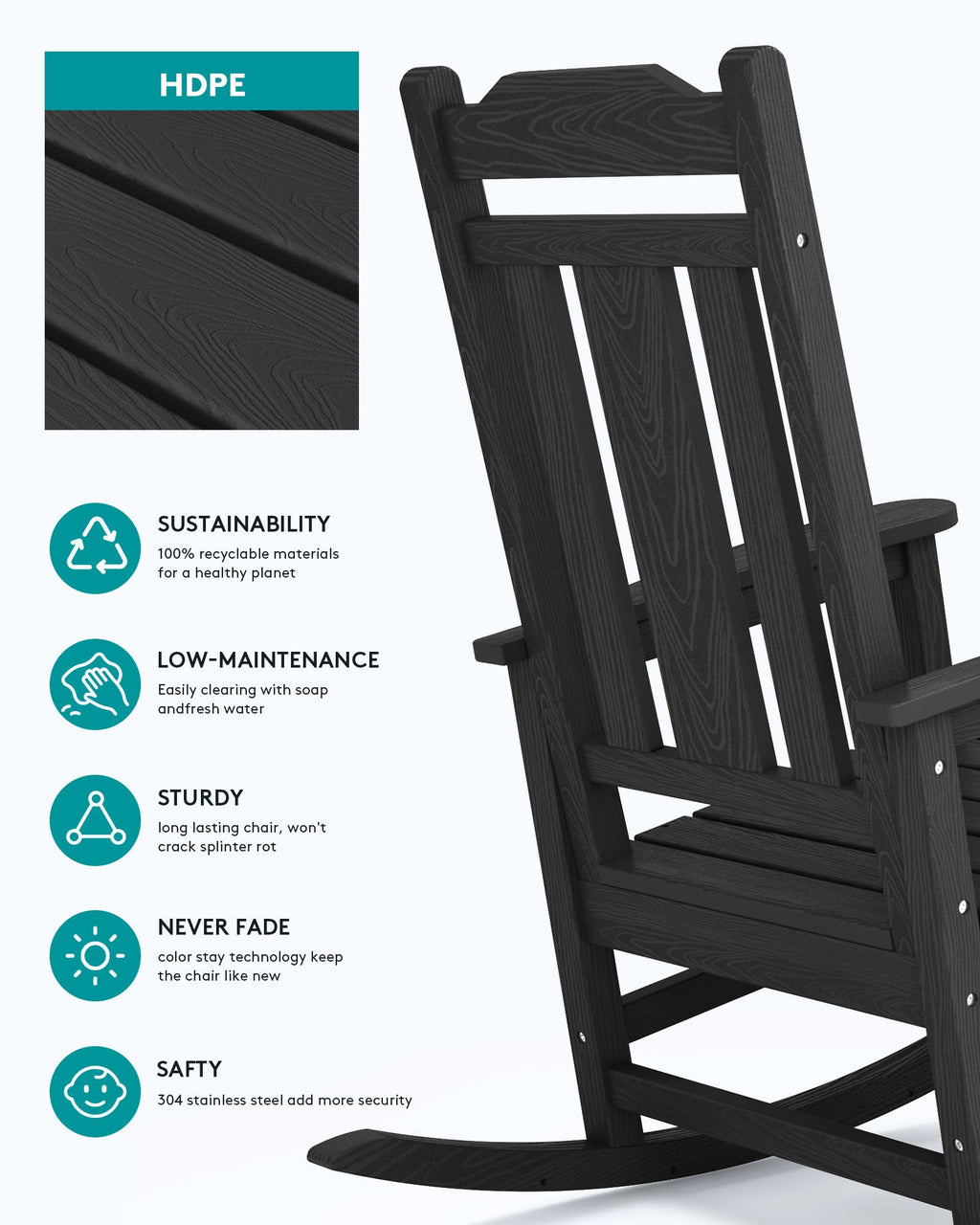 Serwall Outdoor Rocking Chair Black Set Of 6, All Weather Patio Rocking Chair, Hdpe Poly Rocking Chair For Adults, Heavy Duty Front Porch Rocker