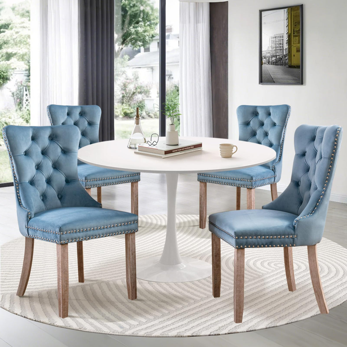 Soartalent 5-Piece 42' Round Dining Table Set For 4, White Table & 4 Sky Blue Velvet Upholstered Dining Chairs, Modern Style, K