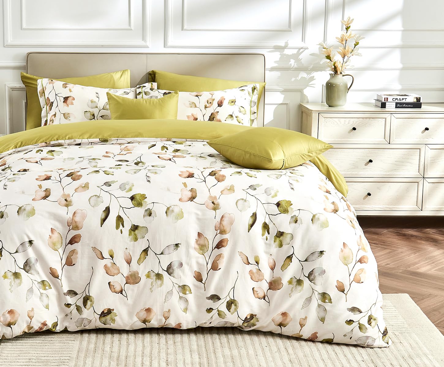 Sleepbella King Size Duvet Cover Set With Button Closure -Light Green And Yellow Botanical Luxury Bedding For A Comfortable Slee