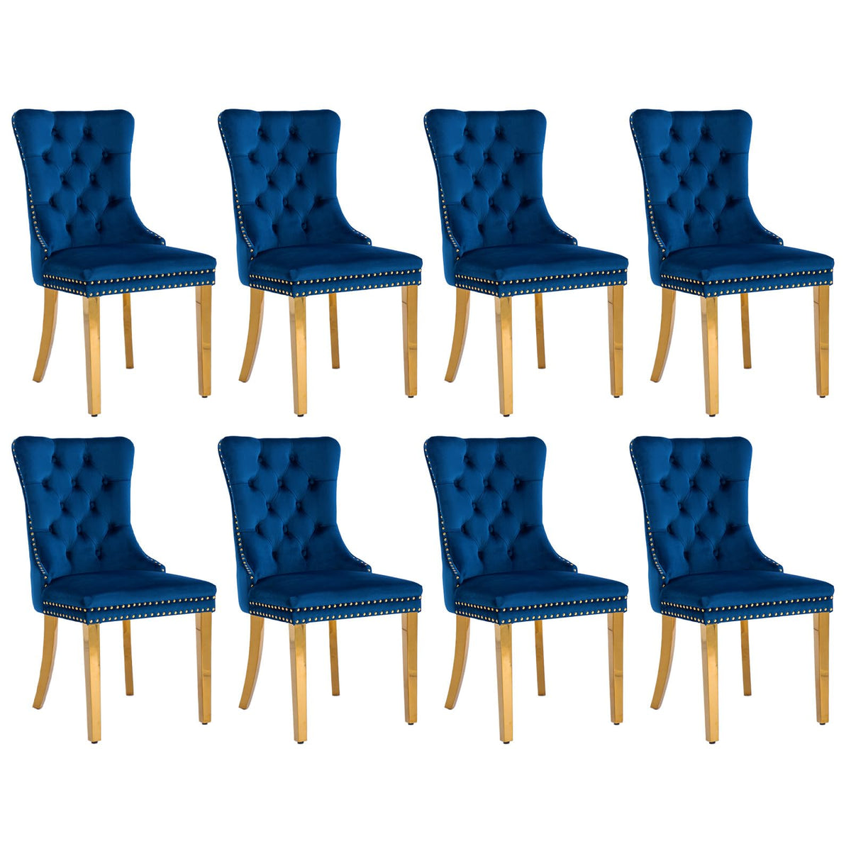 Soarflash Velvet Dining Chairs Set Of 8, Tall Back Side Chair, Modern Upholstered Side Chair With Button Back Ring, Gold Plated
