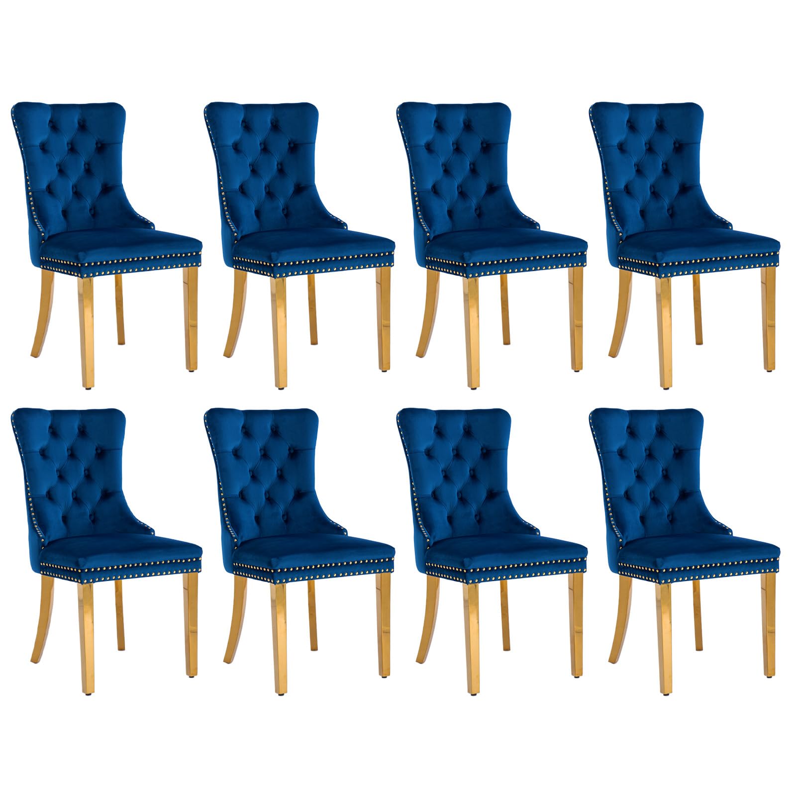 Soarflash Velvet Dining Chairs Set Of 8, Tall Back Side Chair, Modern Upholstered Side Chair With Button Back Ring, Gold Plated