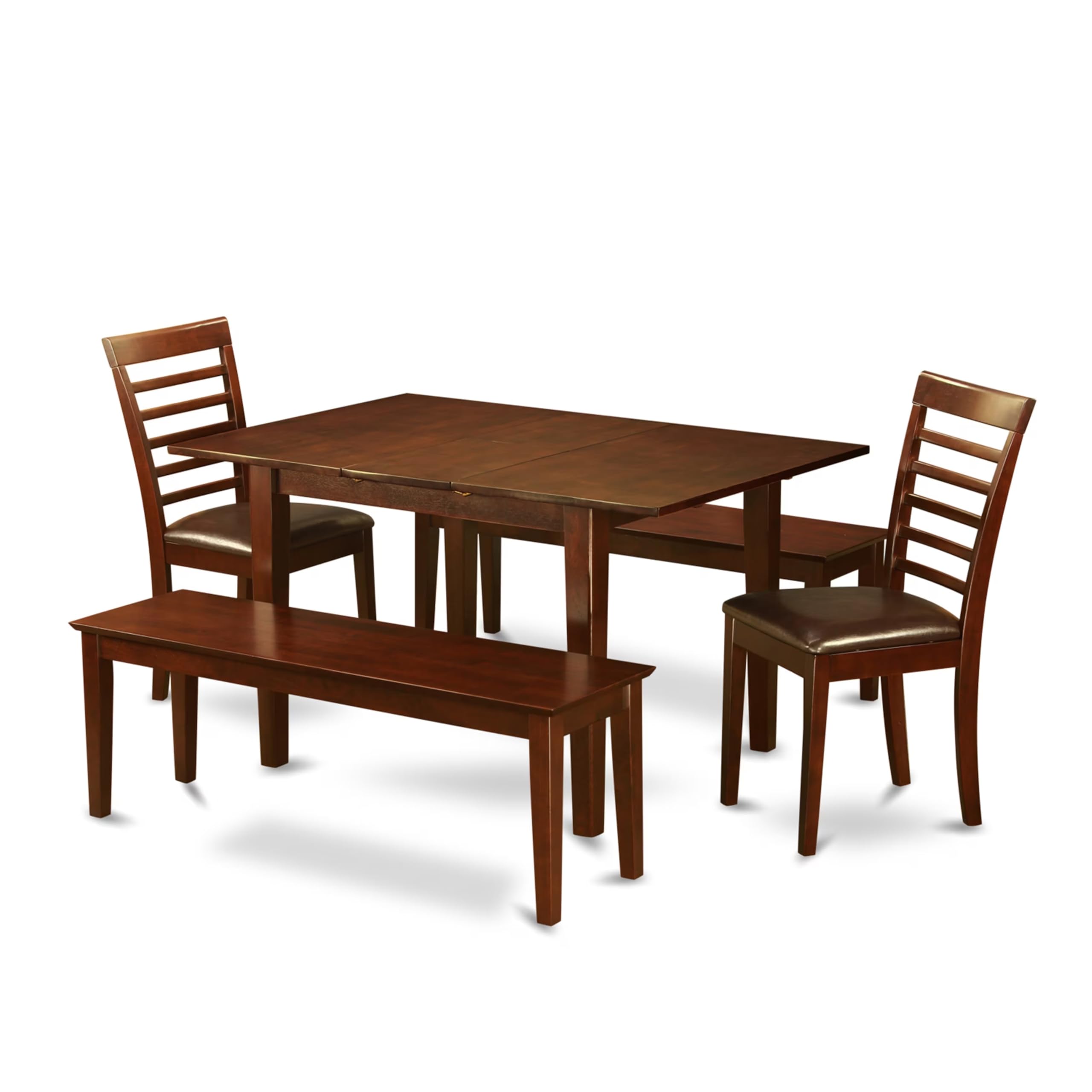 East West Furniture PSML5D-MAH-LC 5 Piece Dining Table Set Includes a Rectangle Kitchen Table with Butterfly Leaf and 2 Faux Leather Dining Chairs with 2 Benches, 32x60 Inch, Mahogany