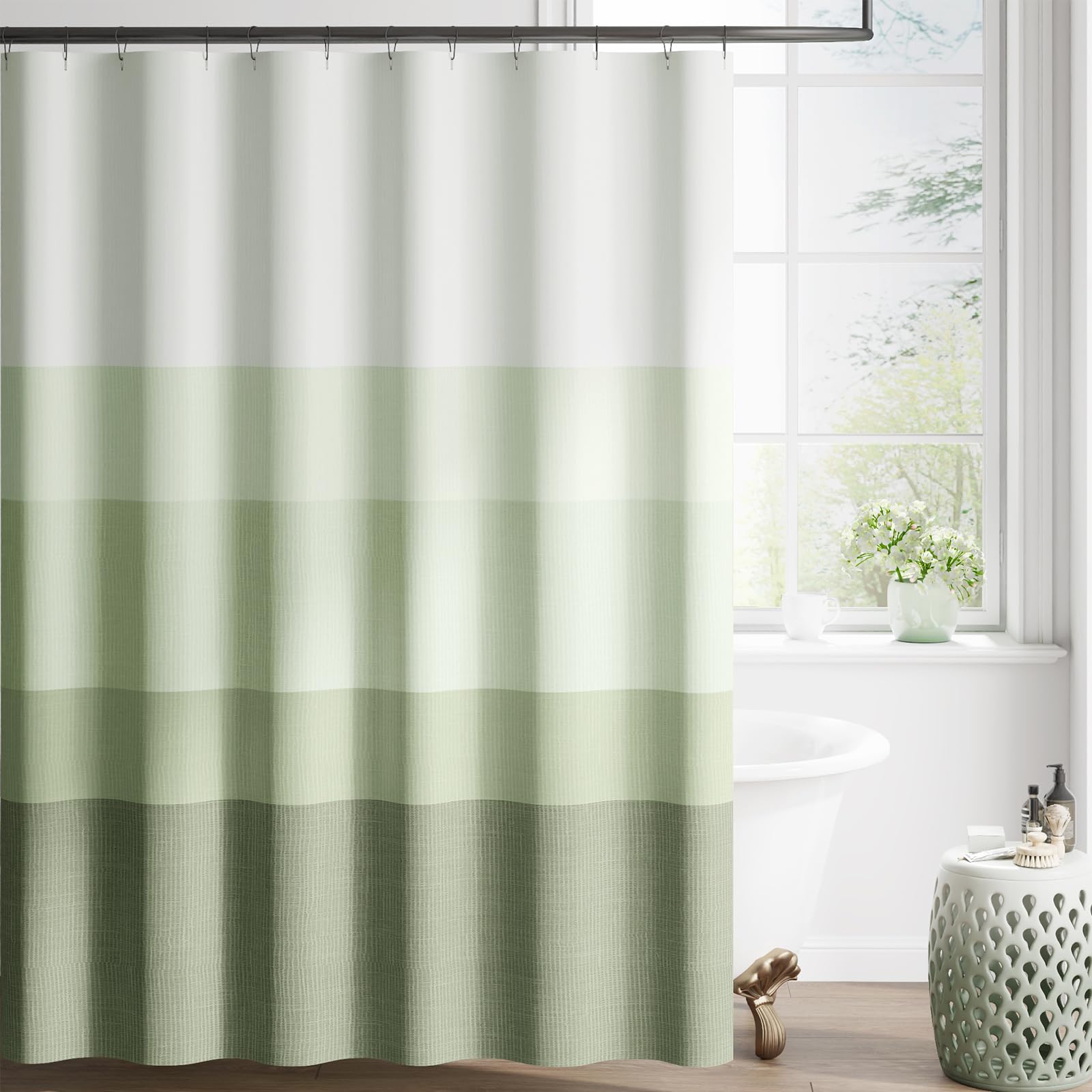 jinchan Ombre Forest Green Striped Shower Curtain Waterproof Fabric Shower Curtains for Bathroom Gradual Color Minimalist Design