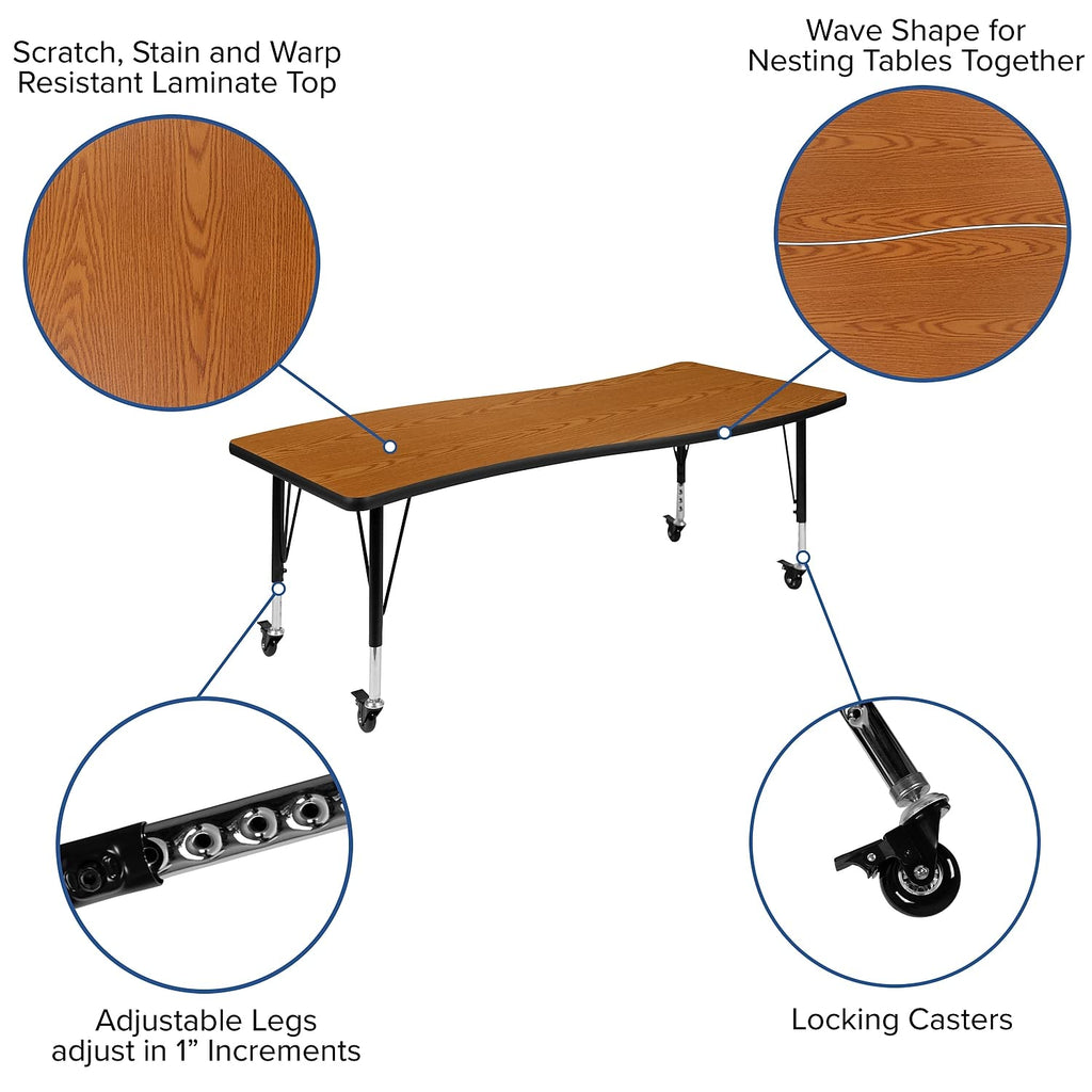 Flash Furniture Mobile 86" Oval Wave Collaborative Laminate Activity Table Set With 14" Student Stack Chairs, Oak/Black