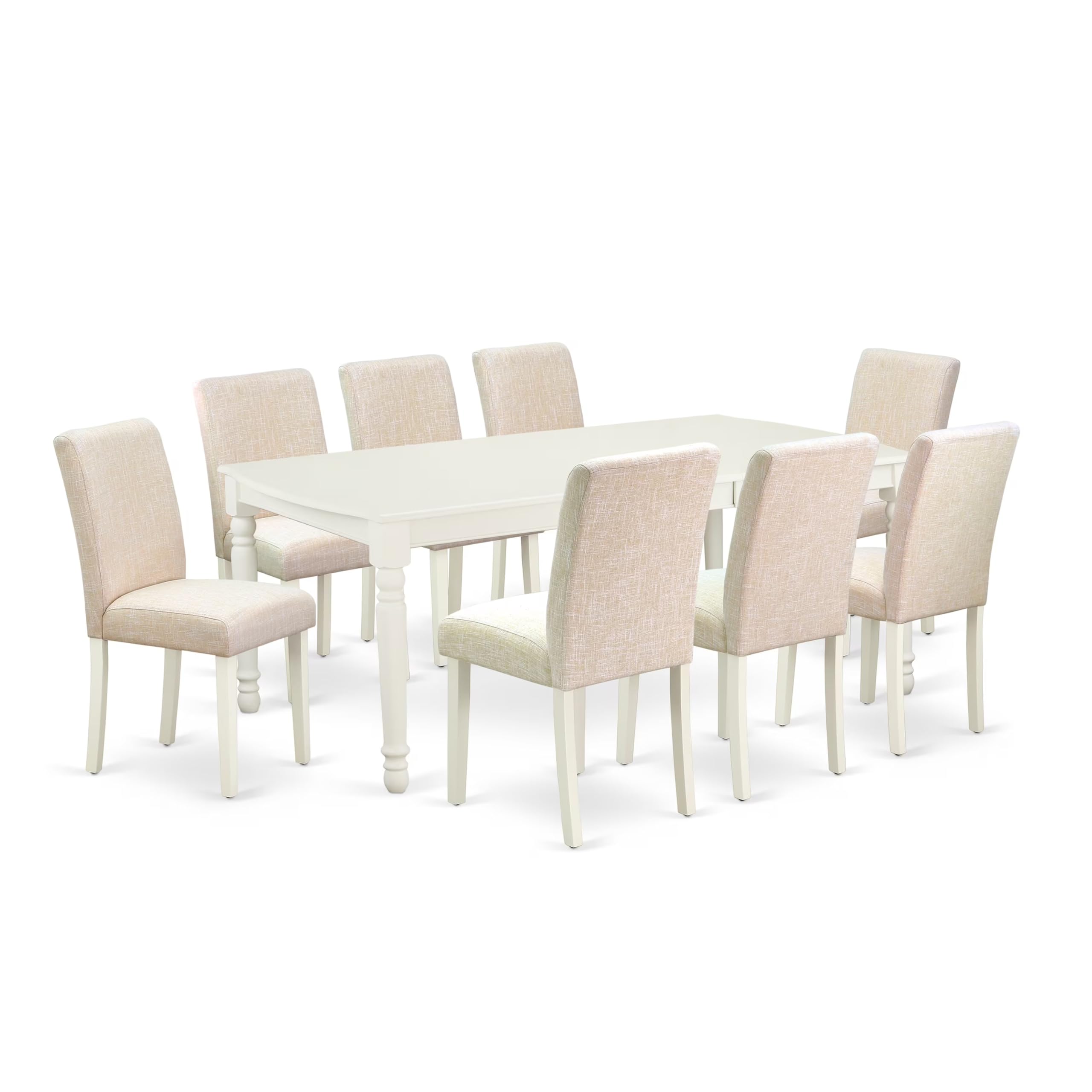 East West Furniture Doab9-Lwh-02 9 Piece Dining Table Set Includes A Rectangle Dining Room Table With Butterfly Leaf And 8 Light Beige Linen Fabric Parsons Chairs, 42X78 Inch, Linen White