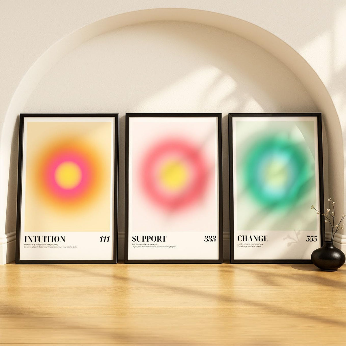 SoulAbiti Intuition 111 & Support 333 & Change 555 set of 3 Framed Wall Print 12x18 inch Black Frame PlexiGlass Aura Art ready