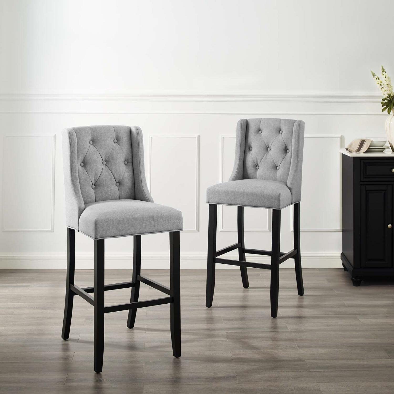 Modway Baronet Bar Stool Upholstered Fabric Set Of 2, Light Gray