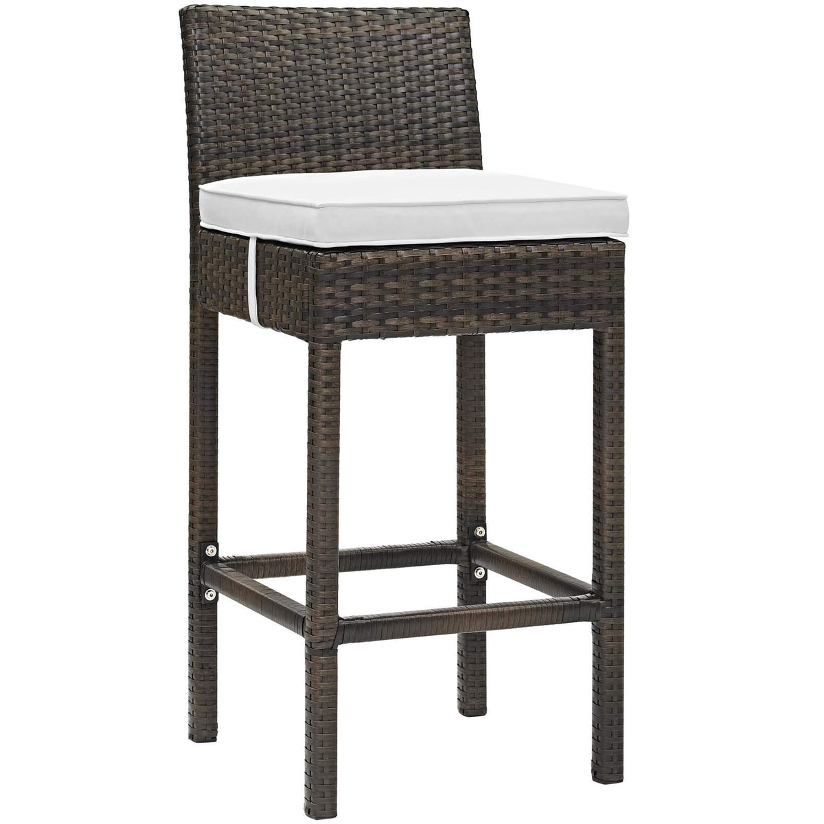 Modway Conduit Wicker Rattan Outdoor Patio Bar Stool with Cushion in Brown White