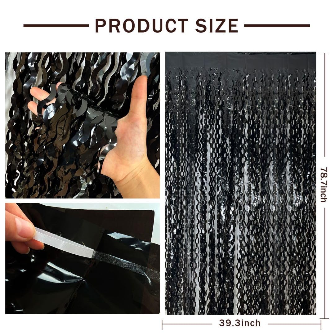 Backdrop For Party Decorations, Wave Foil Fringe Curtain Tinsel Photo Backdrop Black Tinsel Curtain Party Backdrop Streamers For