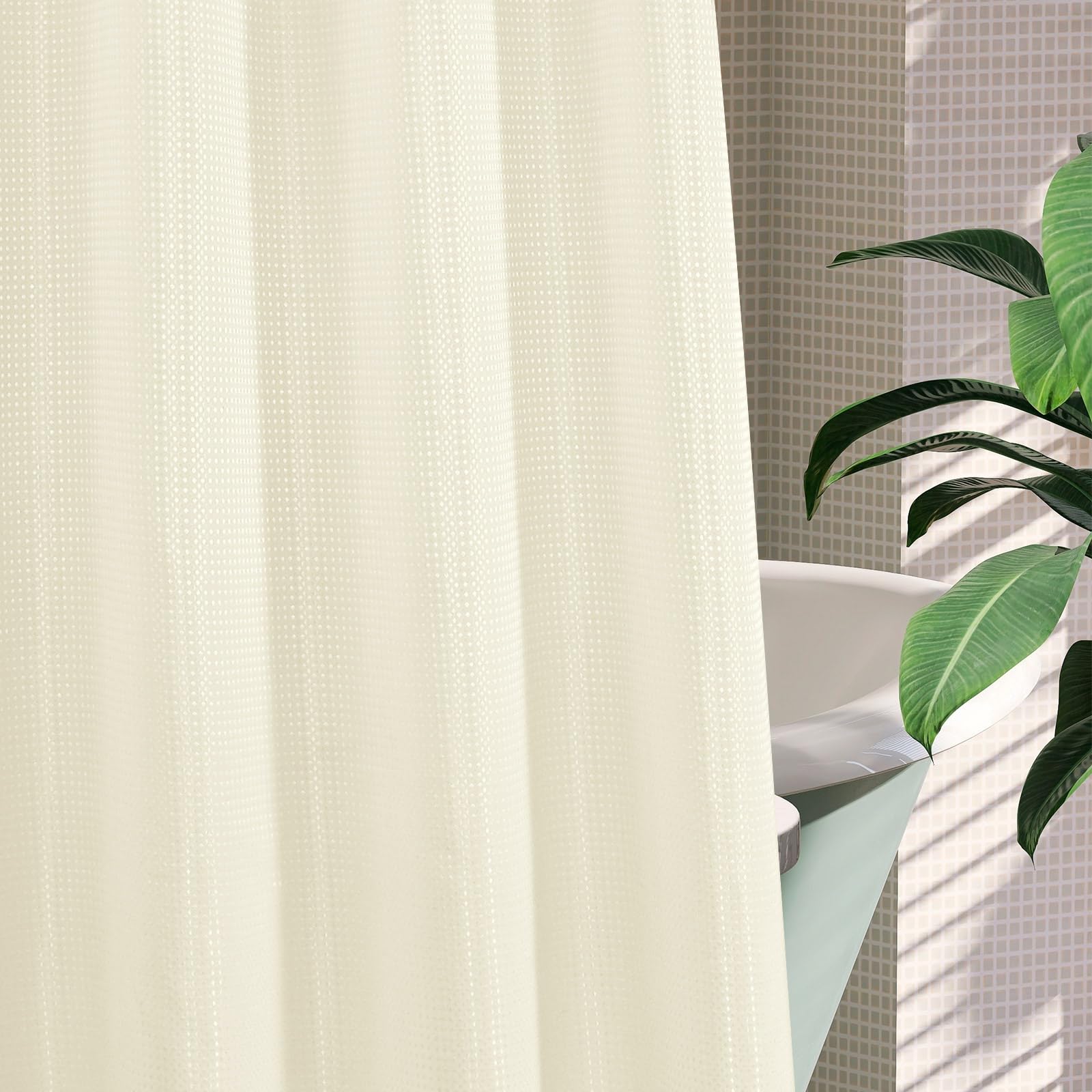 Mitovilla No Hooks Needed Extra Long Shower Curtain Set With Snap-In Liner, Ivory 86 Inch Xl Heavyweight Waffle Fabric Cloth Sho