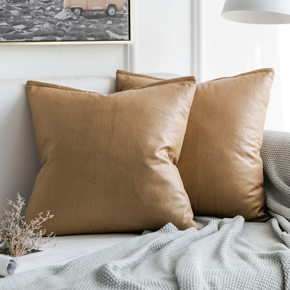 Miulee Set Of 2 Faux Leather Cushion Cover Decorative Soft Cushion Case Square Pillowcases For Couch Sofa Bed Living Room 16X16