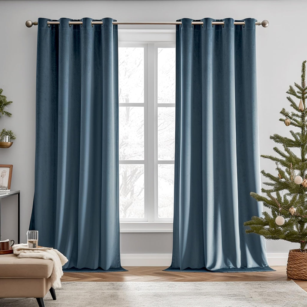 Lazzzy Blackout Velvet Curtains Blue Thermal Insulated Curtains 90 Inch Long Drapes For Bedroom Living Room Darkening Window Treatments Grommet Living Room Curtains Set Of 2 Panels Dark Slate