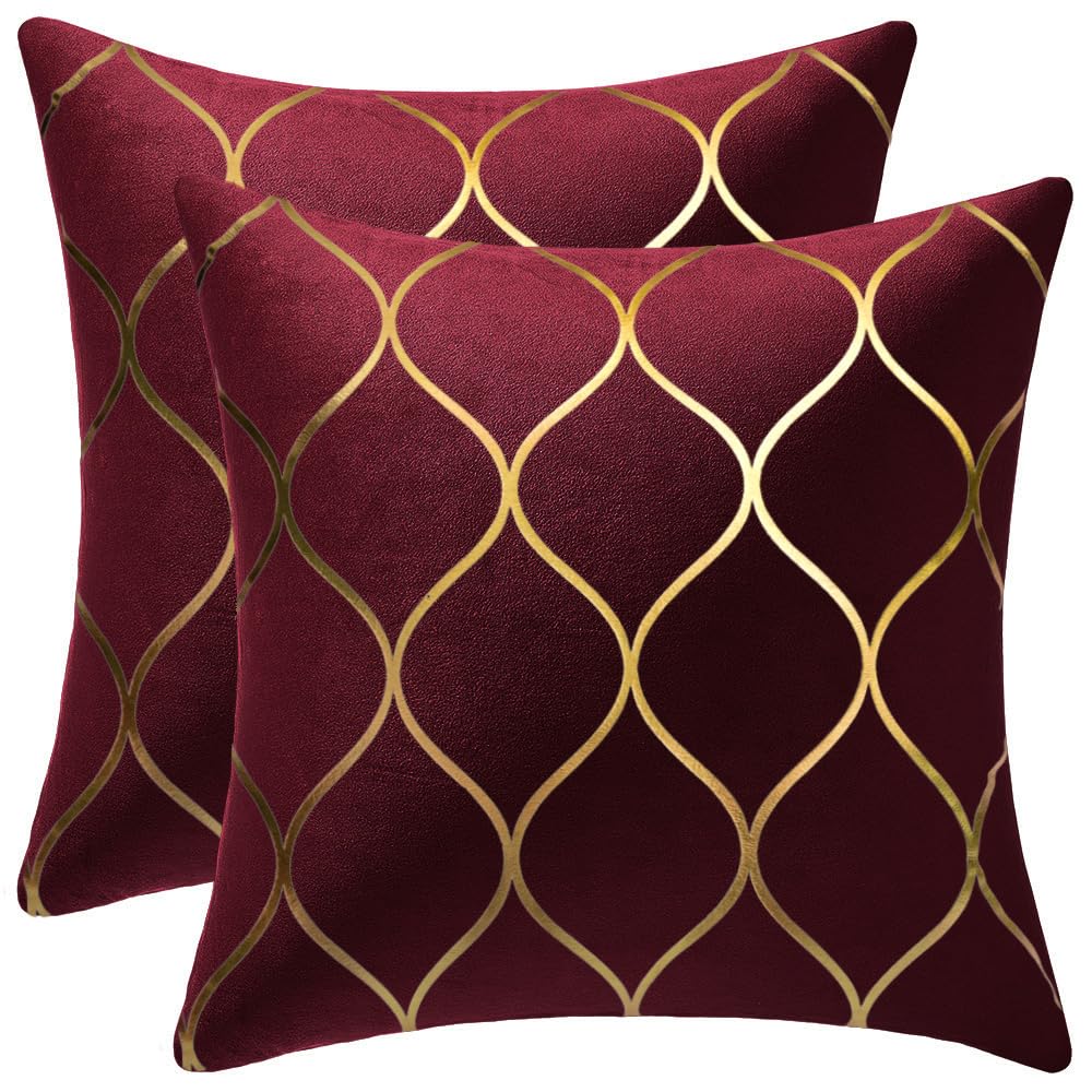 Dezene Gold Velvet Throw Pillow Covers: 2 Pack 16X16 Inch Square Decorative Pillow Cases For Bedroom Sofa Couch Living Room, Bur