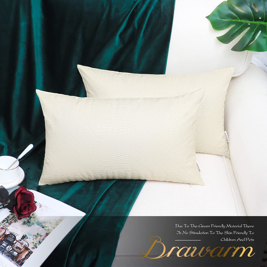 Brawarm Faux Leather Pillow Covers 12 X 20 Inches, Ivory White Leather Pillow Covers Pack Of 2, Crocodile Leather Decorative Lum