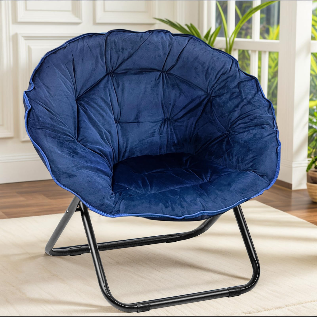 Grezone Folding Saucer Chair, Lazy Moon Chair With Metal Frame, Comfy Bedroom Chairs For Bedroom, Living Room, Study Navy
