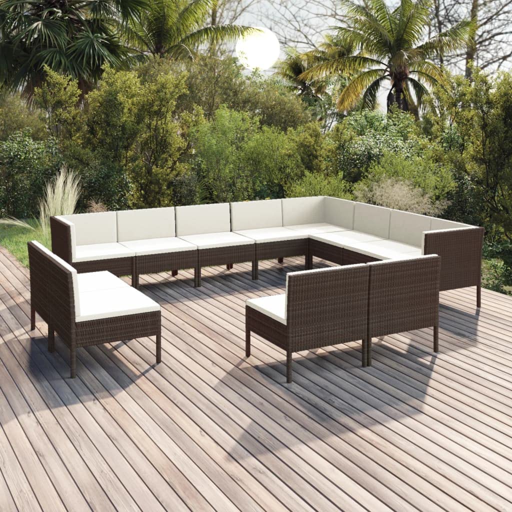 vidaXL Garden Lounge Set 12 Piece, Sectional Sofa for Outdoor, Couch with Cushions, Patio Lounge Set, Farmhouse Modern, Poly Rattan Brown