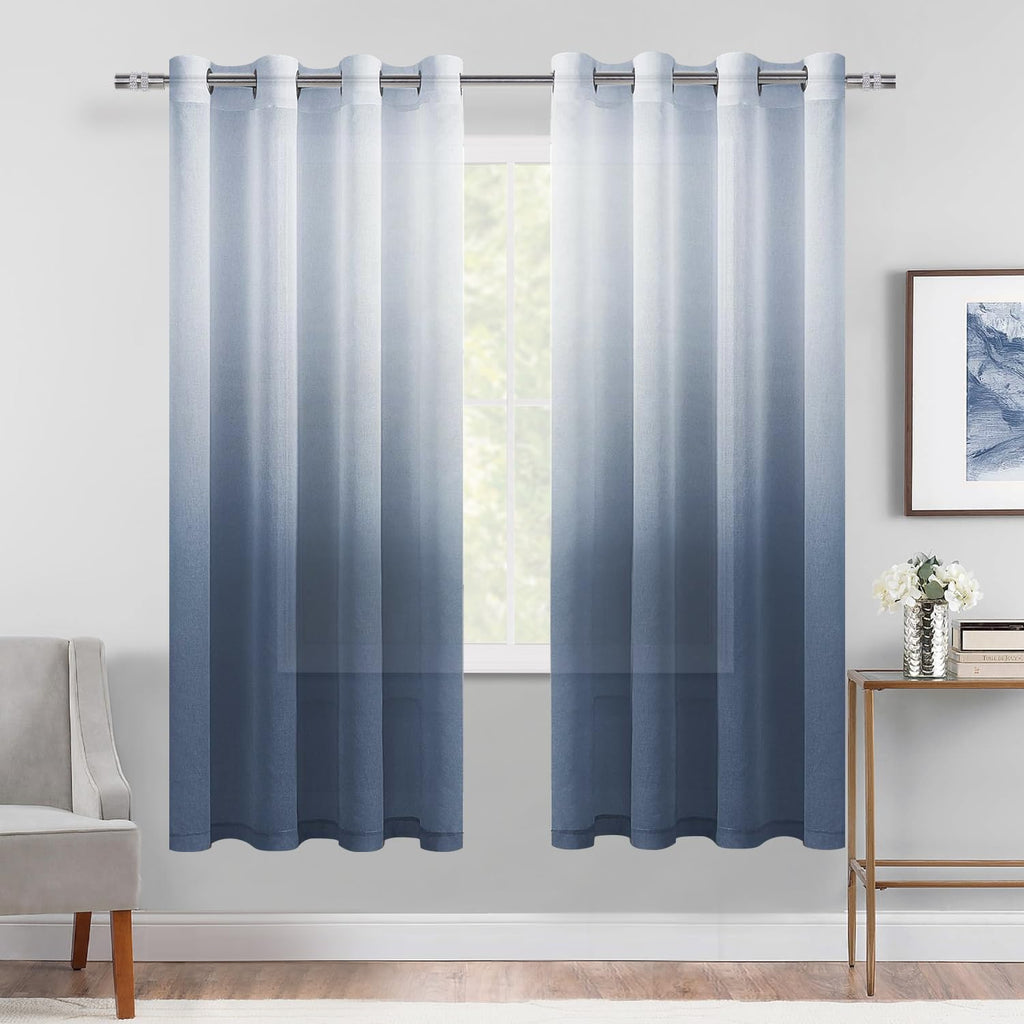 DWCN Faux Linen Ombre Sheer Curtains - Semi Voile Grommet Top Curtains for Bedroom and Living Room, Set of 2 Gradient Window Cur