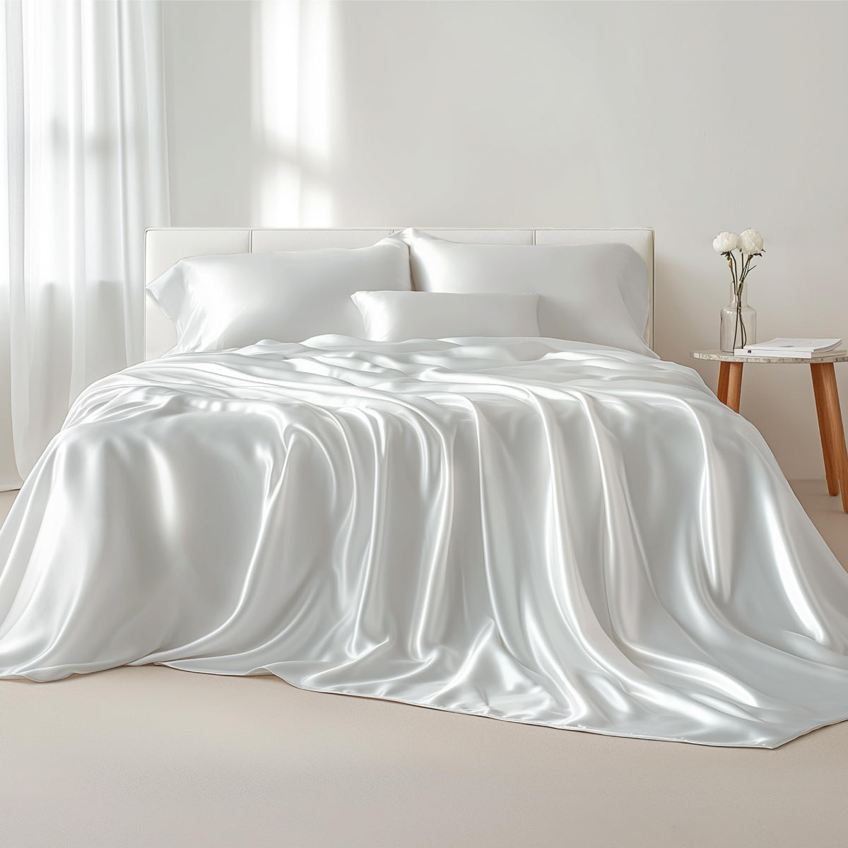 Bedsure Satin Sheets Queen Size - Similar To Silk Sheets, Silky Bedsheet, Luxury & Ultra Soft, Non-Fading & Wrinkle Free, Good For Hair & Skin, Gifts For Women, 4 Pieces, Pure White
