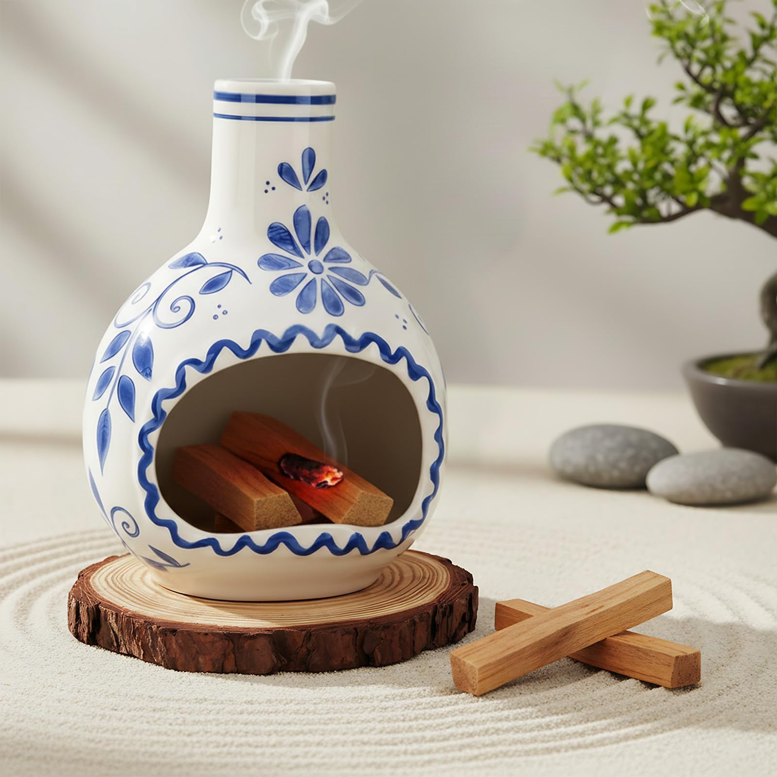 Ceramic Incense Holder-Handcrafted Palo Santo Holder with Chimney, Incense Burner with Ash Catcher for Sage, Cone Burning and Te