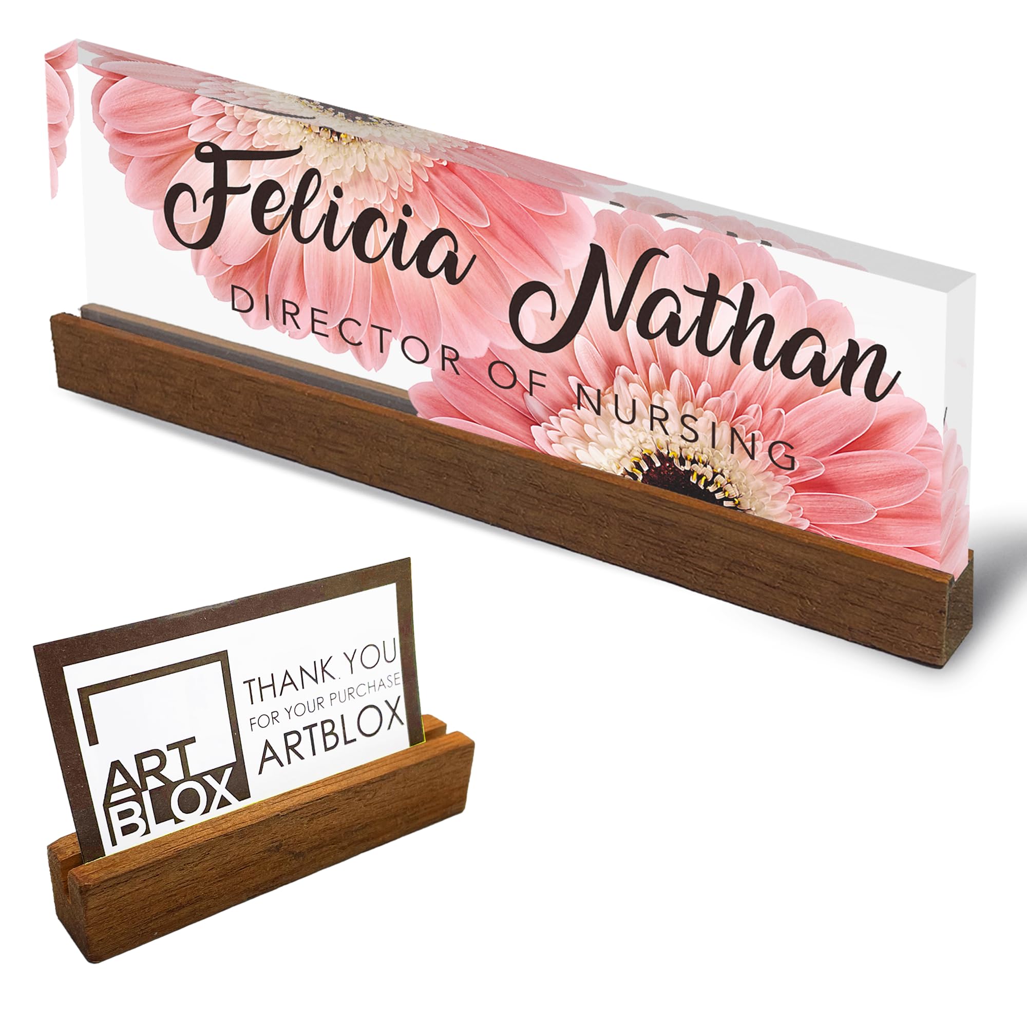 Artblox Personalized Office Desk Name Plate And Business Card Holder | Clear Acrylic Glass With Teak Wood Stand | Pink Daises De