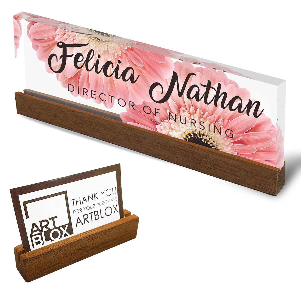 Artblox Personalized Office Desk Name Plate And Business Card Holder | Clear Acrylic Glass With Teak Wood Stand | Pink Daises De