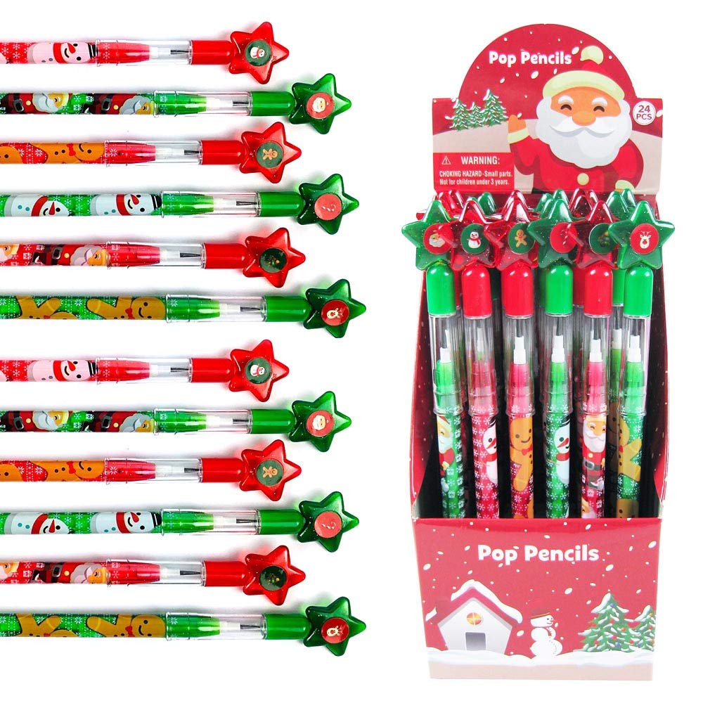 Tiny Mills 24 Pcs Christmas Multi Point Stackable Push Pencil Assortment With Eraser For Christmas Party Favor Prize Carnival St