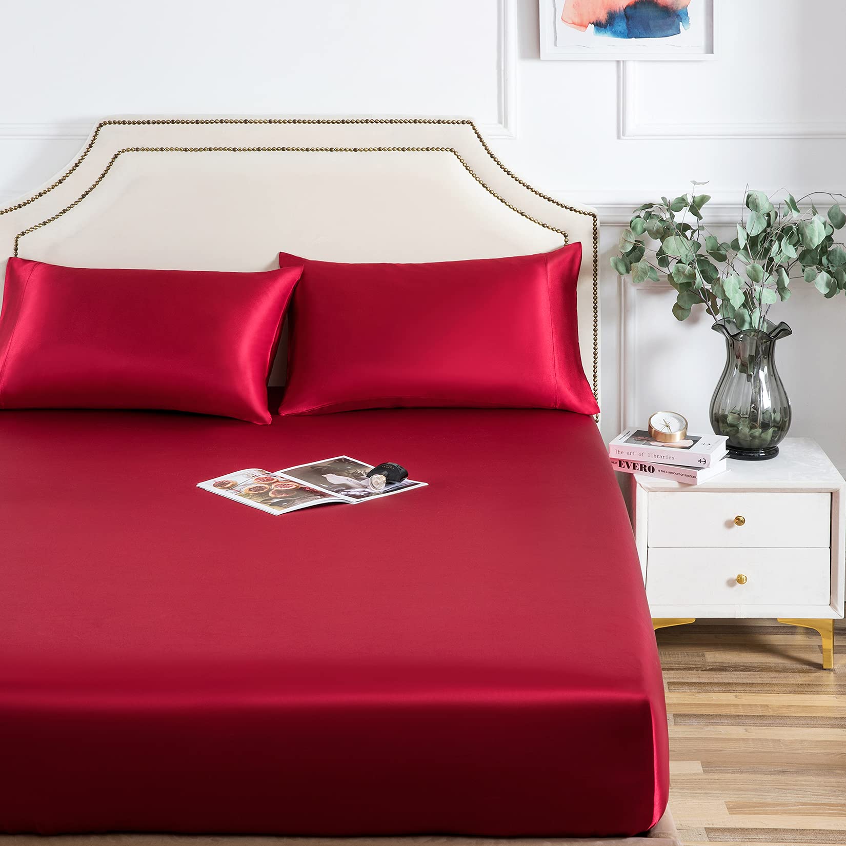 Satin Fitted Sheet, Twin Fitted Sheet Only, 1 - Piece Ultra Soft Deep Pocket Single Silk Bottom Bed Sheet Twin - Burgundy