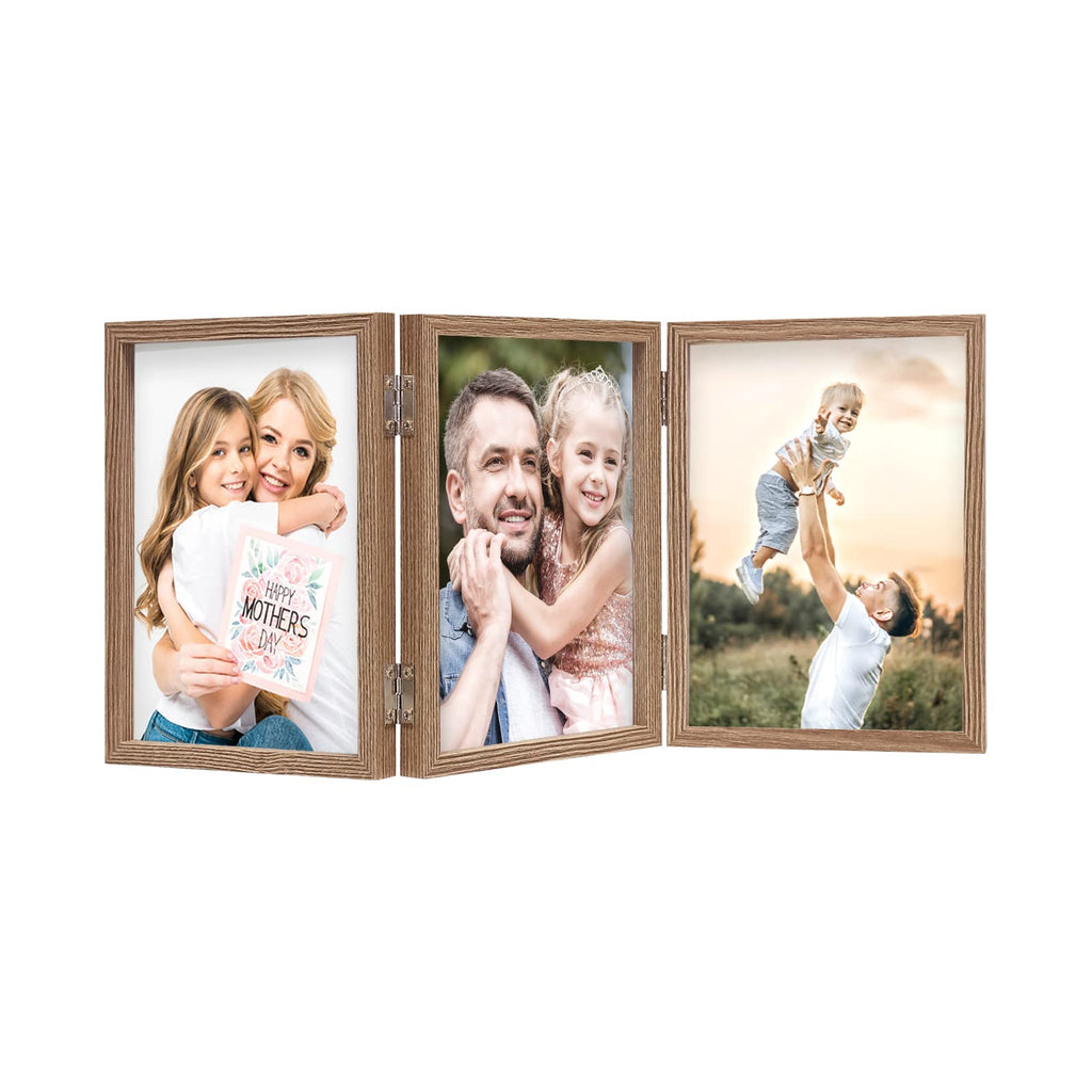 3 Picture Frame 4x6 Triple Hinged MDF Wood Grain with Glass Front Three Opening Photo Frame Stand Vertical on Tabletop
