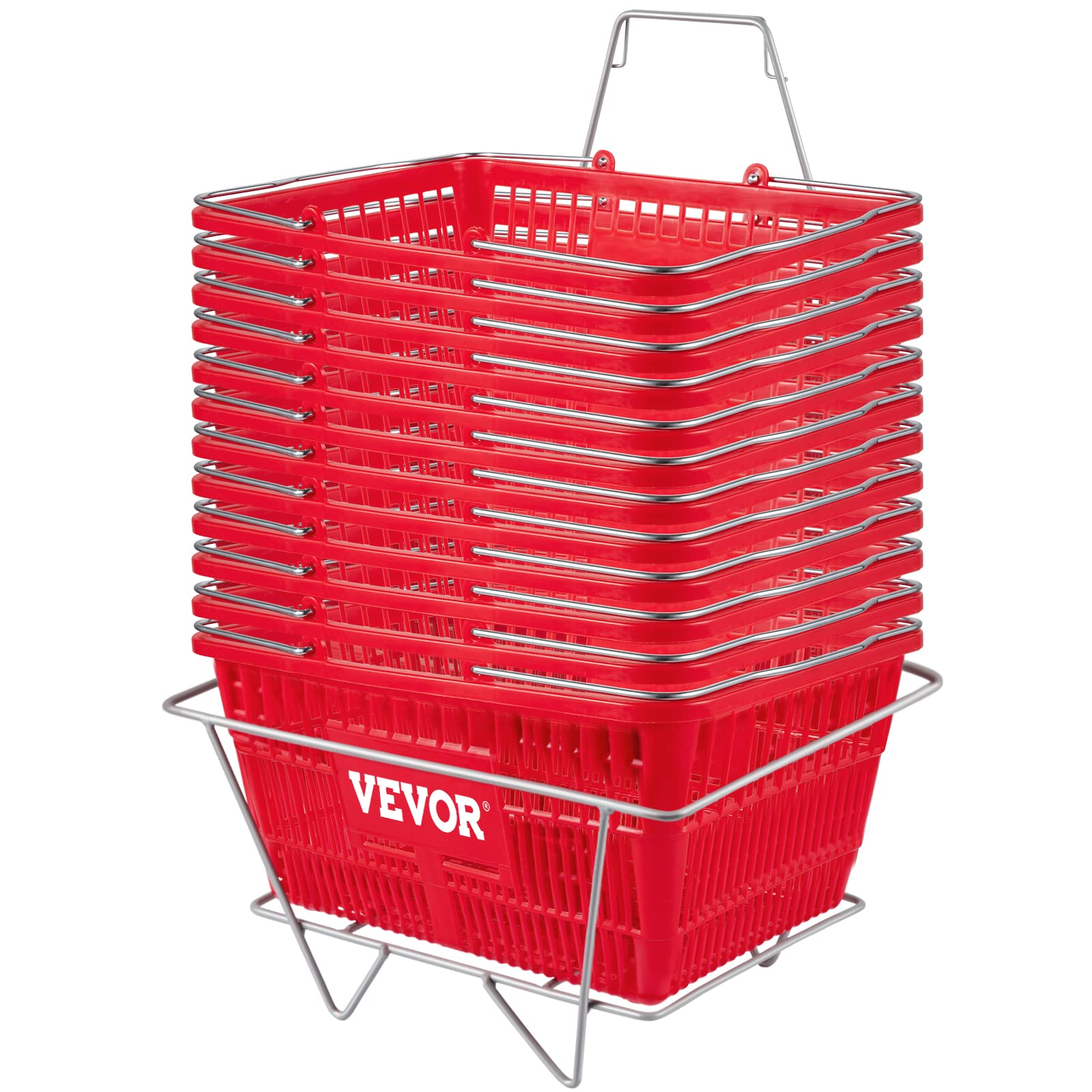 VEVOR Shopping Basket, Set of 12 Red, Durable PE Material with Handle and Stand, Basket Dimension 16.9''L x 11.8''W x 8.07''H an