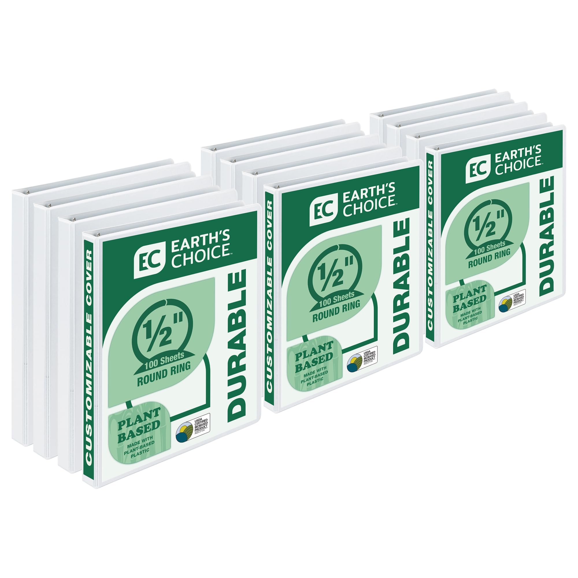 Samsill Plant-Based 1/2 Inch Durable Round Ring, Made In Usa, View Binder, Eco-Friendly, Usda Certified Biobased, 12 Pack, White