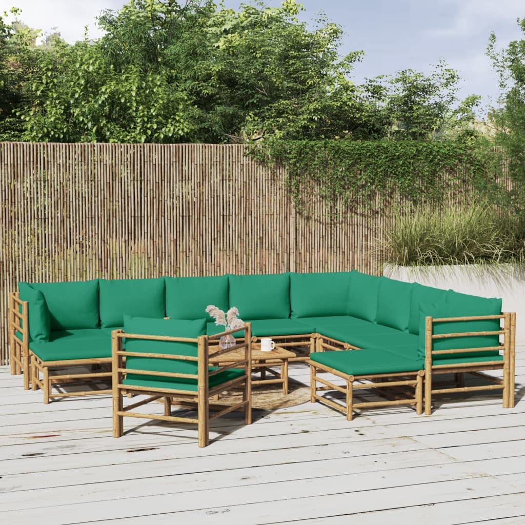 vidaXL 12 Piece Bamboo Patio Lounge Set, Outdoor Furniture with Green Cushions, Modifiable Configurations, Comfortable Seating, Practical Table, Ideal for Garden Patio Relaxation - Farmhouse Style...