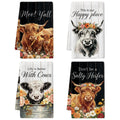 MAYJOYDIY 4 Pcs Highland Cattle Kitchen Towels Farmhouse Western Cow Microfiber Dish Towel 26.0x17.7 Inch Colorful Flower Absorb
