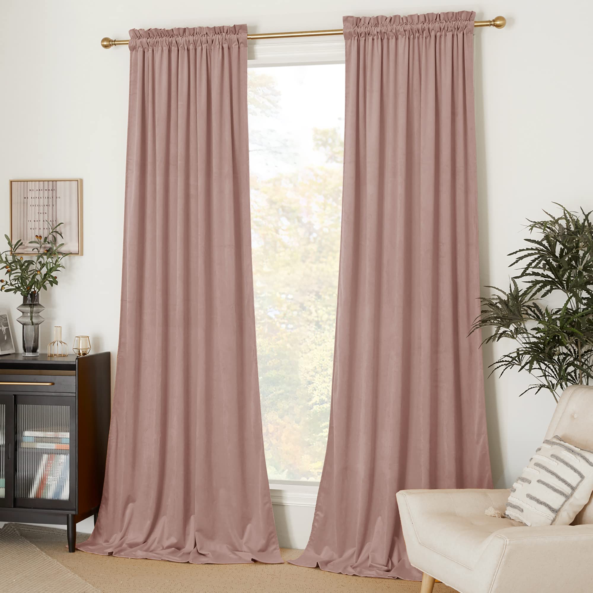 Nicetown Dusty Pink Velvet Curtains 90 Inches Long 2 Panels Set (52-Inch Wide), Thermal Insulated Sound Reducing Blackout Curtai