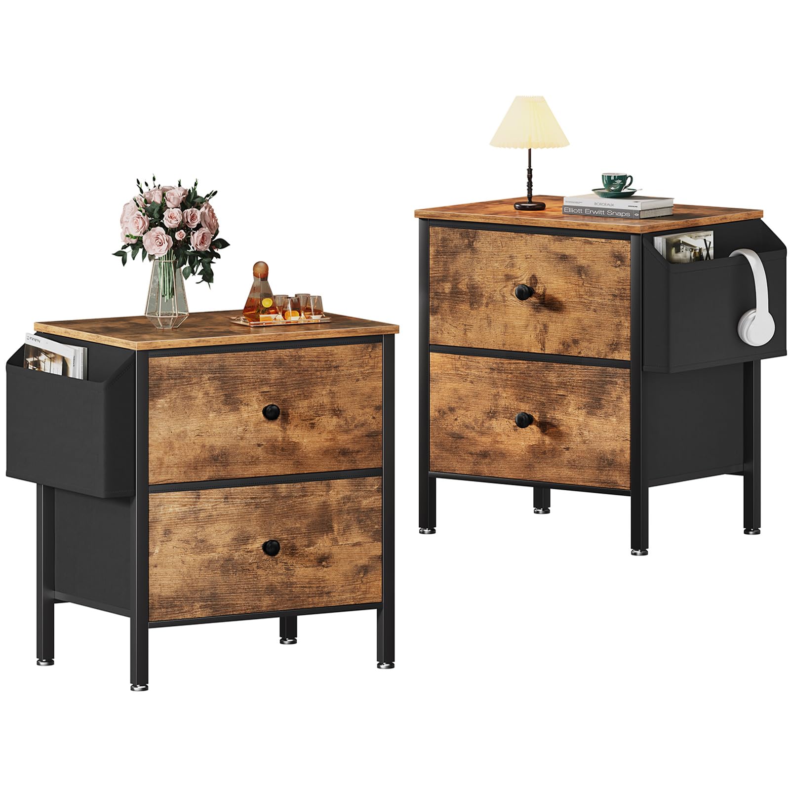 Boluo Nightstands Set Of 2 With Drawers, Small Night Stand With Pocket 2 Drawer Dresser For Bedroom Set End Table Brown