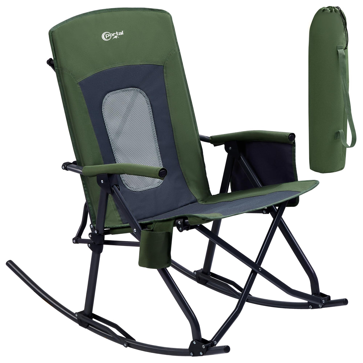 Portal Oversized Folding Rocking Camping Chair Portable Outdoor Rocker With High Back Hard Armrests Carry Bag, Supports 400 Lbs, Mesh Back, Green