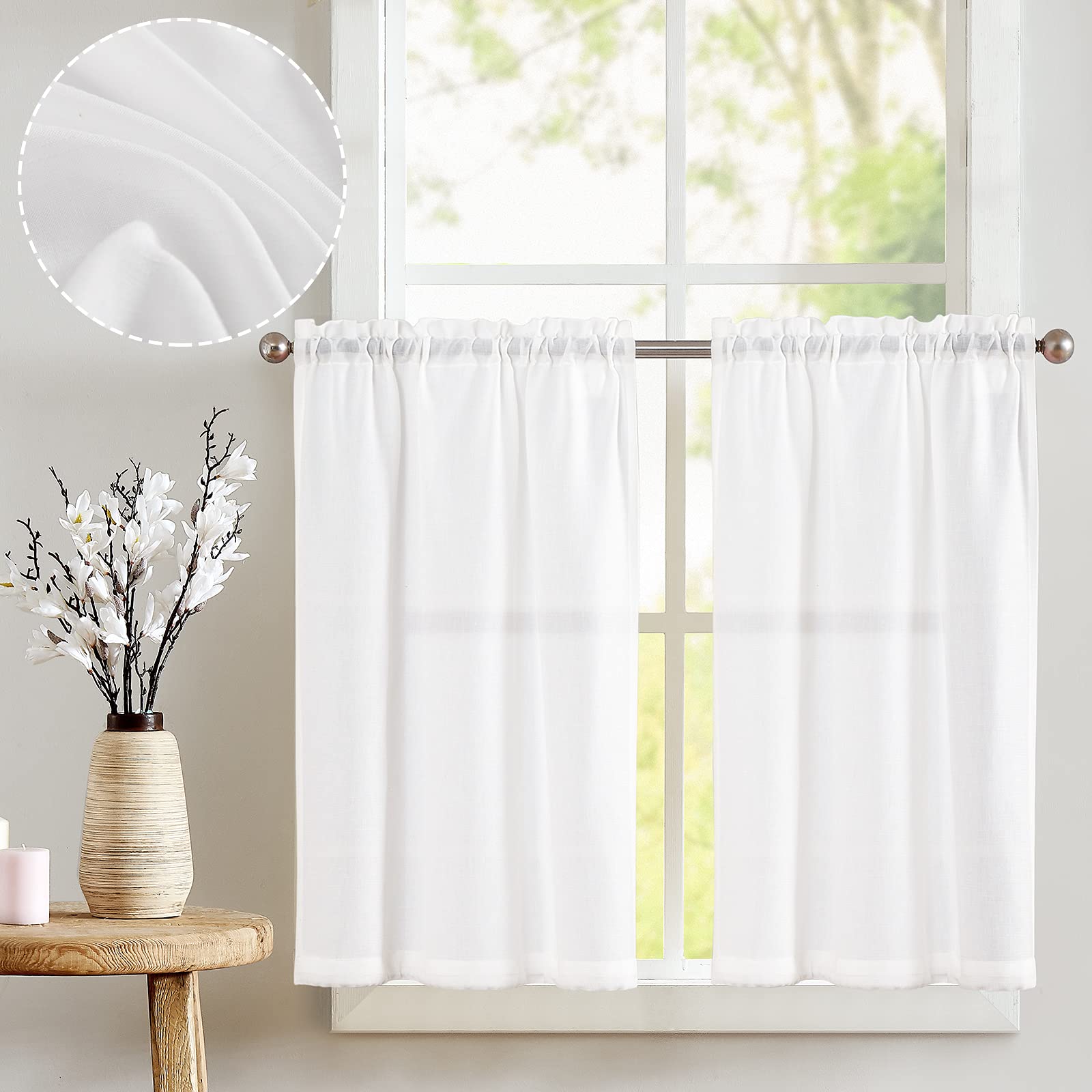 jinchan Kitchen Curtains Linen Tier Curtains 24 Inch Farmhouse Cafe Drapes for Small Window Flax Country Rustic Rod Pocket Bathr