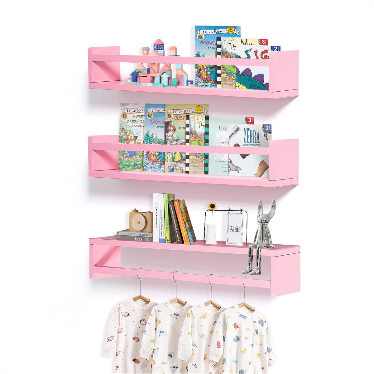 AZSKY 24 Inch Nursery Book Shelves Pink Natural Wood Floating Bookshelf Wall Mount Bookshelves for Kids Bedroom Cute Baby Books 